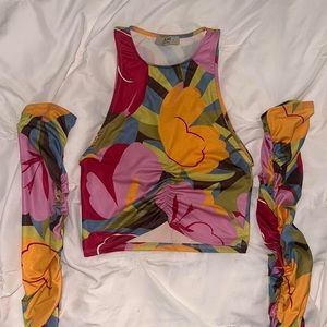 MAAT “Gwen Top”, floral graphic high neck top with gloves